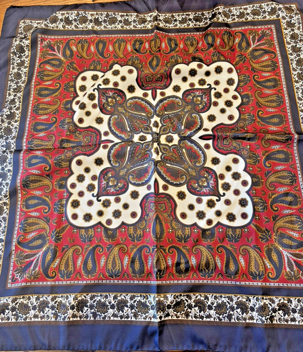Vintage Thick Paisley Blue Red Square Silk Scarf Hand Rolled Edges 34" x 34"